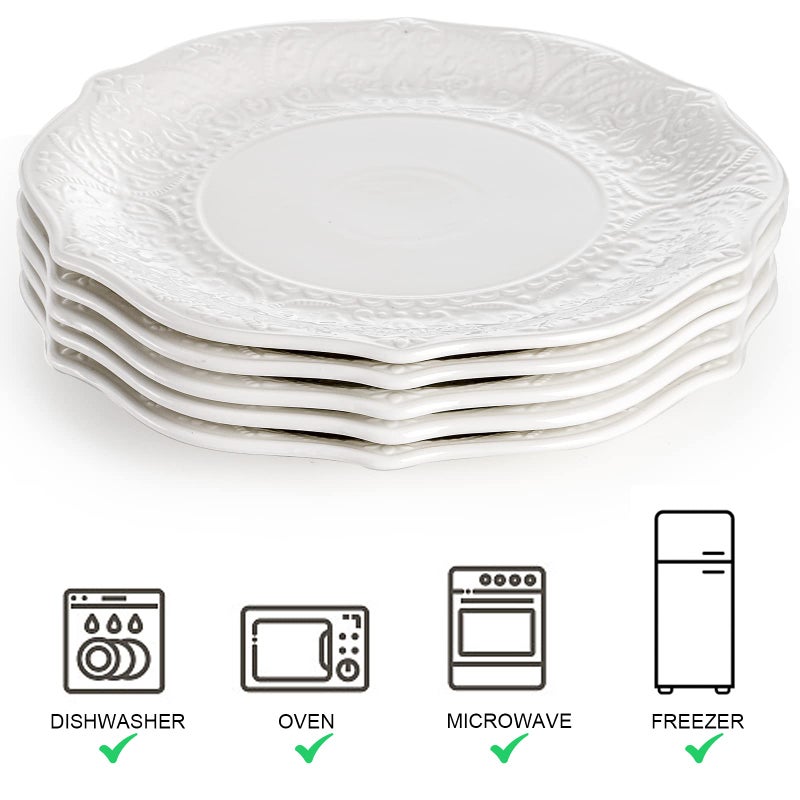 SOUJOY Set of 6 Porcelain Dinner Plate, 10.5'' White Dinner Dish, Embossed Printing Dinnerware Plate for Dinner, Restaurant, Family Party and Kitchen, Microwave, Dishwasher Safe - Image 3
