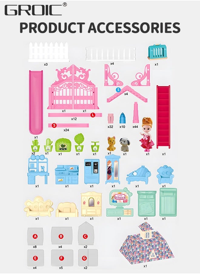 GROIC Doll House, 3 Stories 8 Rooms 1 Balcony, Dollhouse Sets with Dolls, Chimney & Slide, Furniture and Accessories, DIY Building Pretend Play Doll House, Playing House Building Playset  - Image 4
