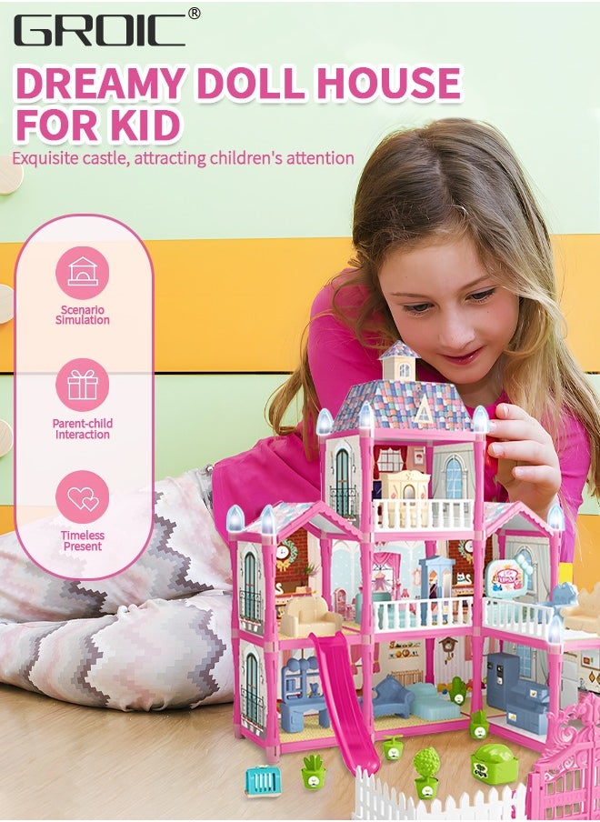 GROIC Doll House, 3 Stories 8 Rooms 1 Balcony, Dollhouse Sets with Dolls, Chimney & Slide, Furniture and Accessories, DIY Building Pretend Play Doll House, Playing House Building Playset  - Image 5