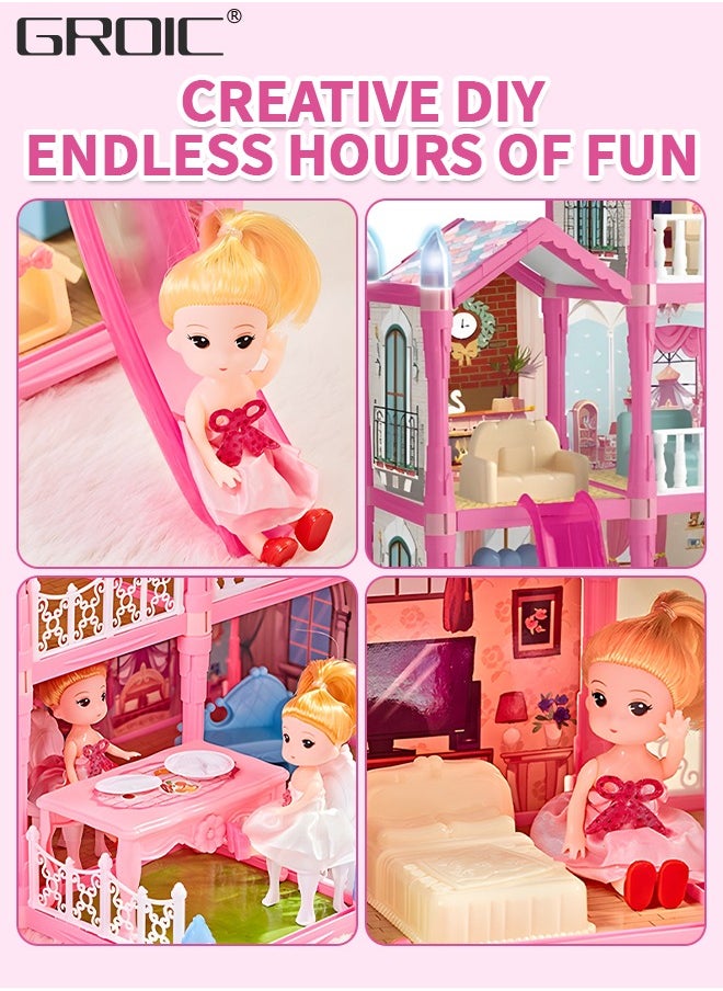GROIC Doll House, 3 Stories 8 Rooms 1 Balcony, Dollhouse Sets with Dolls, Chimney & Slide, Furniture and Accessories, DIY Building Pretend Play Doll House, Playing House Building Playset  - Image 2