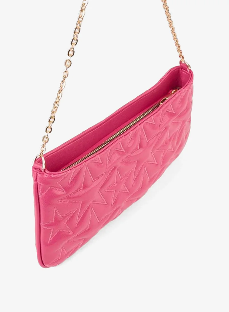 Women's Dahlia Fuchsia Star Embroidered Lined Zipper Closure Baget Hand and Shoulder Bag.