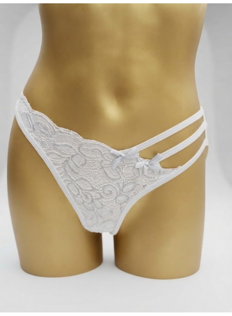 Pure White Floral Lace Multi-Strap Thong with Bows
