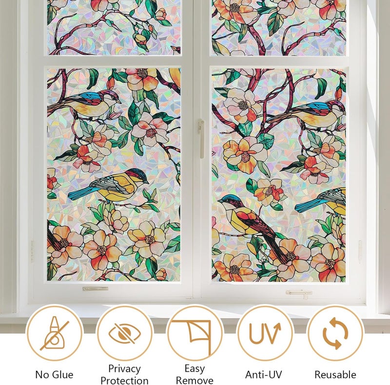 Kromapolis Window Privacy Film, Stained Glass Sticker Floral Window Clings, Decorative Static Clings UV Blocking Colorful Decals, Removable Vinyl Covering Rainbow Camellia, 17.5'' x 78.7'' - Image 3