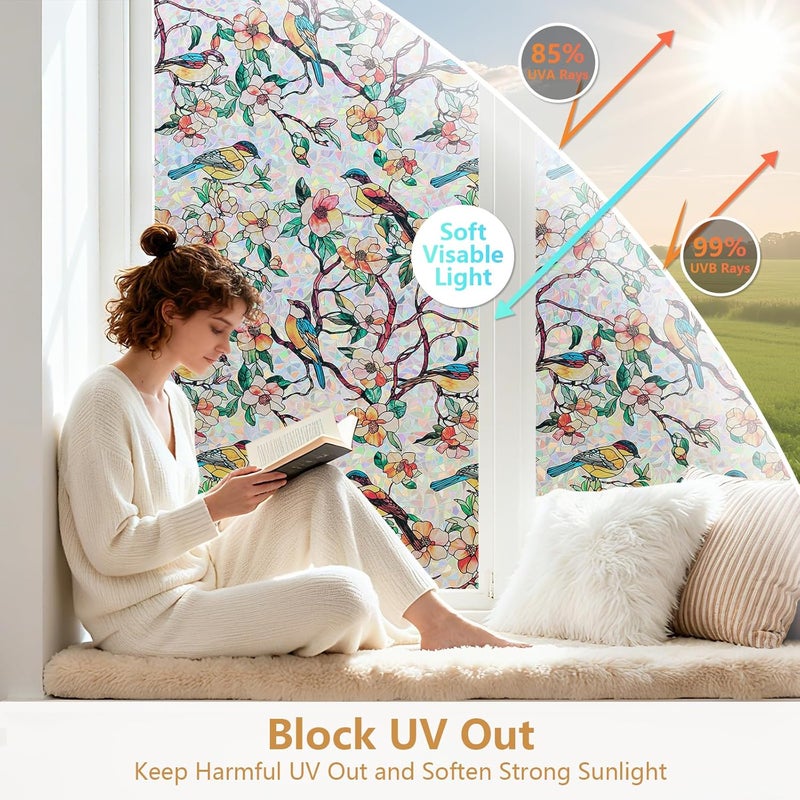 Kromapolis Window Privacy Film, Stained Glass Sticker Floral Window Clings, Decorative Static Clings UV Blocking Colorful Decals, Removable Vinyl Covering Rainbow Camellia, 17.5'' x 78.7'' - Image 4