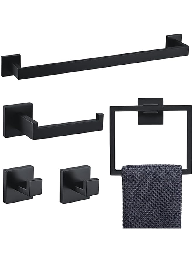 promass Bathroom Hardware Set, Wall Mounted Towel Rail, 5 Pieces Brushed Nickel Bathroom Accessories Set, Stainless Steel Toilet Roll Holder And Hooks (black2) - Image 1