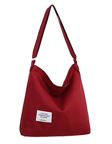Covelin Women's Retro Large Size Canvas Shoulder Bag Hobo Crossbody Handbag Casual Tote Wine Red - Image 1