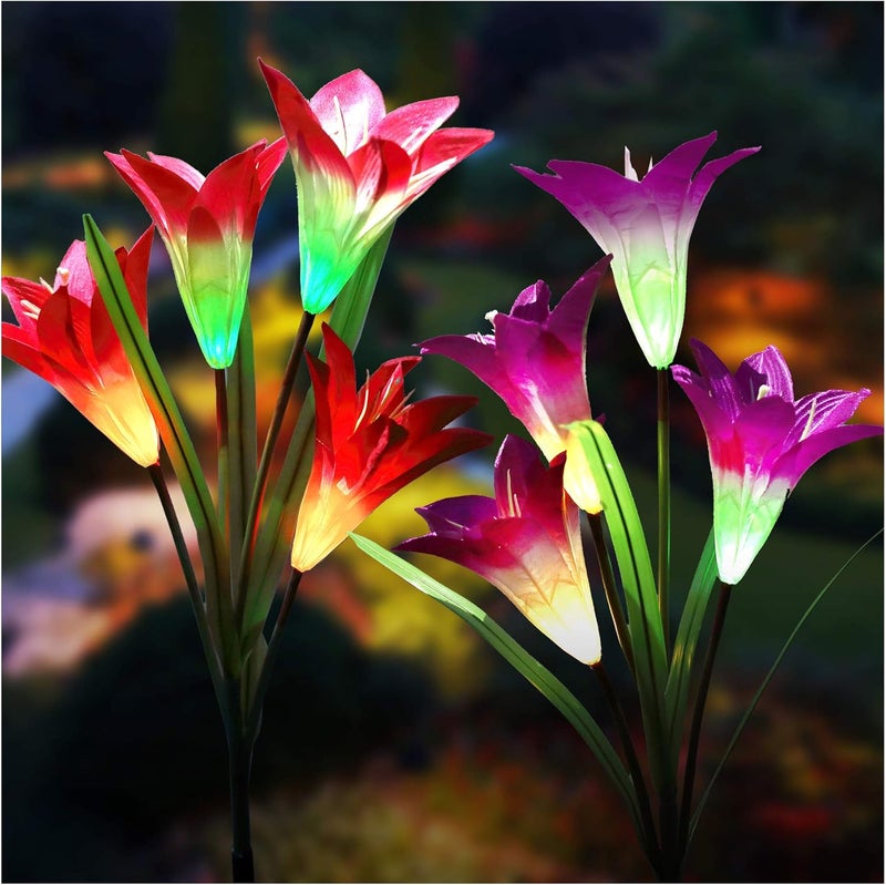 TONULAX Solar Lights Outdoor - Upgraded Garden Light, Multi-Color Changing Lily Solar Flower Lights for Patio,Yard Decoration, Bigger Flower and Wider Panel (2 Pack,Purple and Red) - Image 1