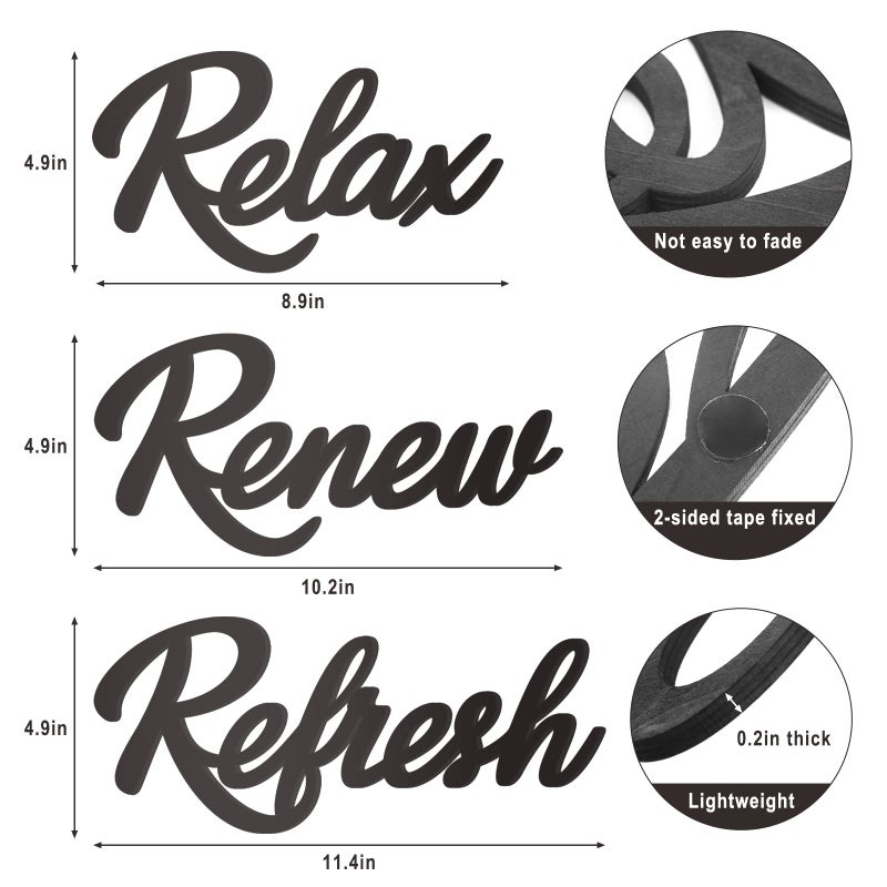 KOYILTD 3 Pieces Bathroom Decor Black Wooden Bath Room Sign Bathroom Wall Art Farmhouse Relax Renew Refresh Sign (black) - Image 3