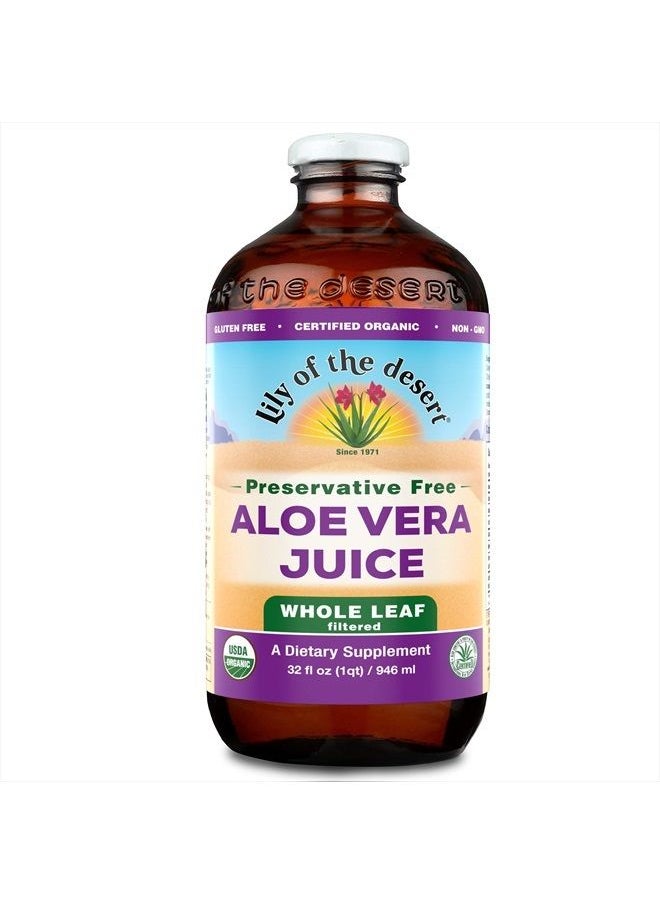 Lily Of the Desert Lily of the Desert Aloe Vera Juice, Preservative Free - Whole Leaf Filtered Aloe Vera Drink, USDA-Certified Organic Aloe Juice for Gut Health, Wellness, Glowing Skin, 32 Fl Oz  - Image 1