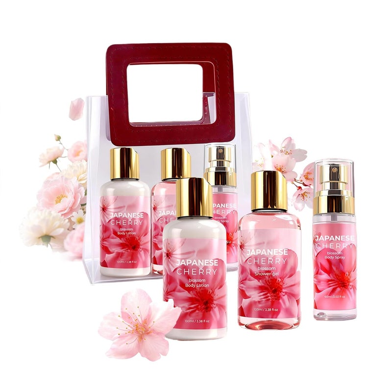 Bath and Body Gift Set for Women,Cherry Blossom Body Care Set,Body Care Travel Set with Shower Gel,Body Lotion,Body Mist | Personal Self Care Travel Kit for Birthday, Valentine’s & Mother’s Day - Image 1