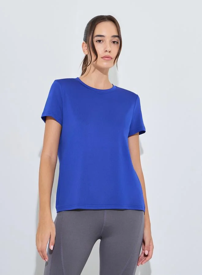 Styli Active Blue Basic Round Neck Short Sleeve Top