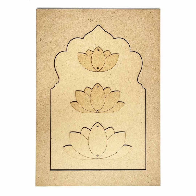 Adikala Mdf Jharokha With 3 Different Size Lotus Cutout Engraved Design & Square Shaped Base For DIY Craft - Image 1