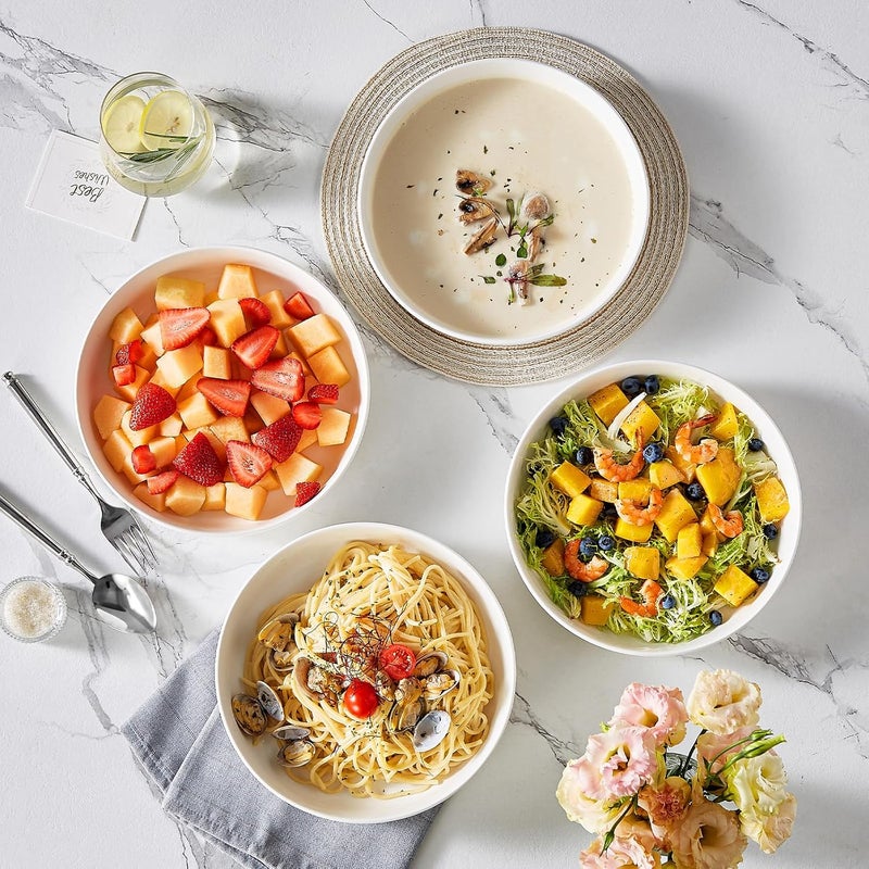 MALACASA 48 Oz Pasta Bowls Set of 4 9 Inch Salad Bowls White Ceramic Serving Bowls for Kitchen Microwave  Dishwasher Safe Series LUNA White - Image 5