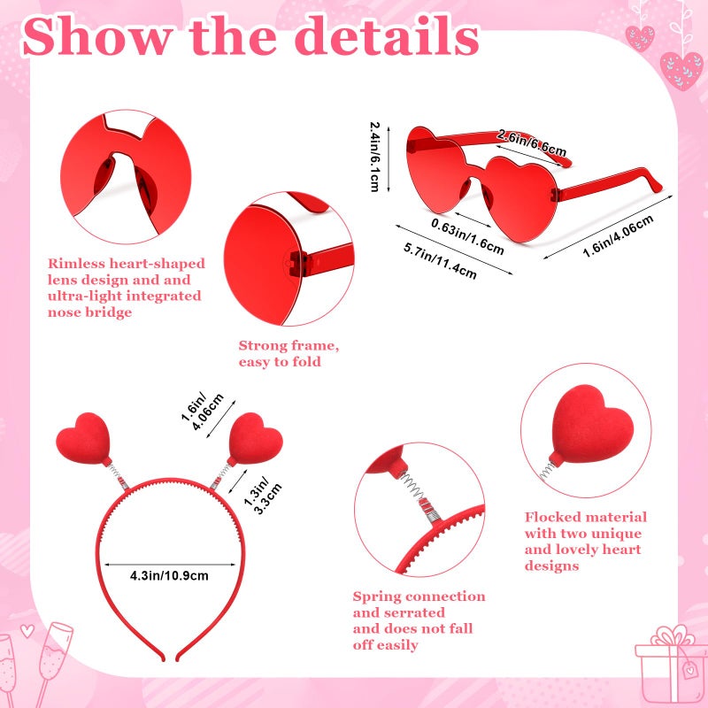 Yunsailing 48 Pcs Valentines Day Heart Headband Boppers and Heart Shape Sunglasses Valentines Accessories Costume Photo Prop(Red) - Image 2