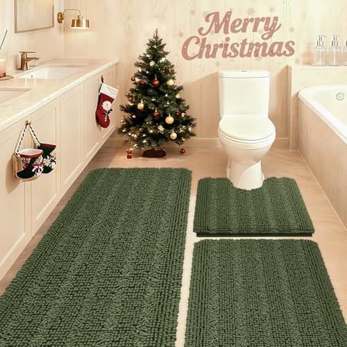 ACCUMTEK Striped Oliver Green Bathroom Rug Set 3 Pieces Ultra Soft, Non Slip Chenille Toilet Mat, Absorbent Plush Shaggy Bath Mats for Bathroom, Bedroom, Kitchen - Image 1