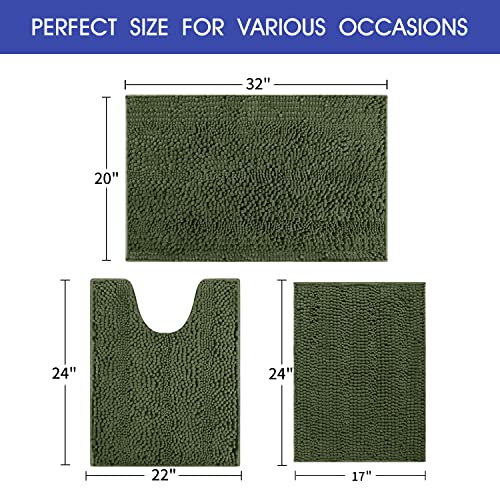 ACCUMTEK Striped Oliver Green Bathroom Rug Set 3 Pieces Ultra Soft, Non Slip Chenille Toilet Mat, Absorbent Plush Shaggy Bath Mats for Bathroom, Bedroom, Kitchen - Image 5