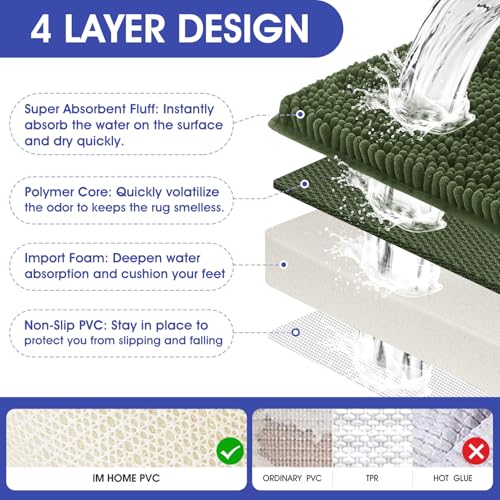 ACCUMTEK Striped Oliver Green Bathroom Rug Set 3 Pieces Ultra Soft, Non Slip Chenille Toilet Mat, Absorbent Plush Shaggy Bath Mats for Bathroom, Bedroom, Kitchen - Image 3