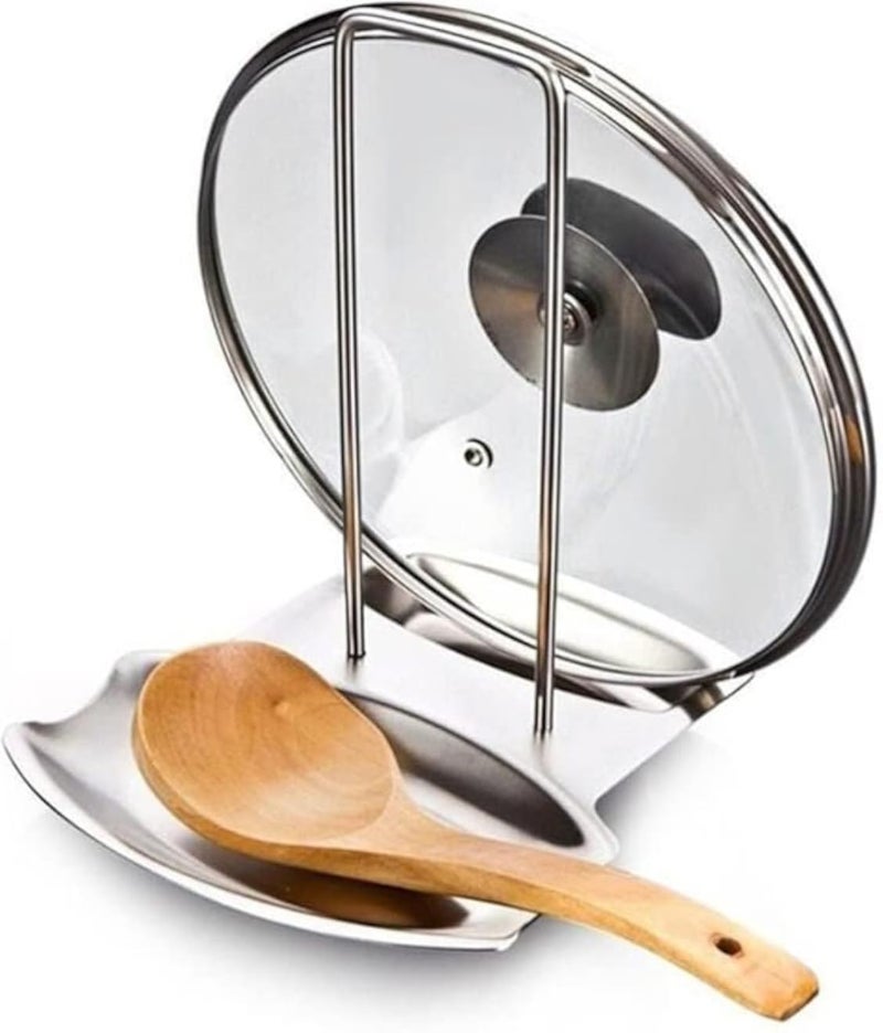 Stainless Steel Spoon Holder & Pot Lid Organizer - Kitchen Storage Rack for Stove, Soup Ladle Rest, and Lid Cover Holder - Space-Saving Kitchen Tool (Silver)