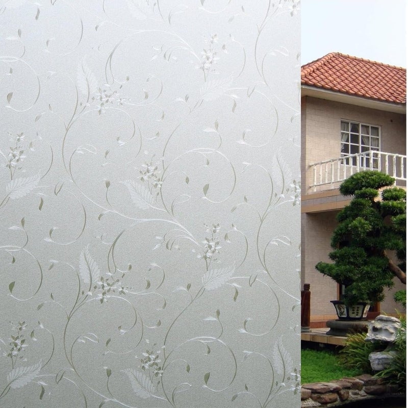 Bloss Window Privacy Film Decorative Stained Glass Floral Windows Film Non Adhesive Heat Blocking Bathroom Glass Film for Home Kitchen Office 177 by 787Inchs - Image 1