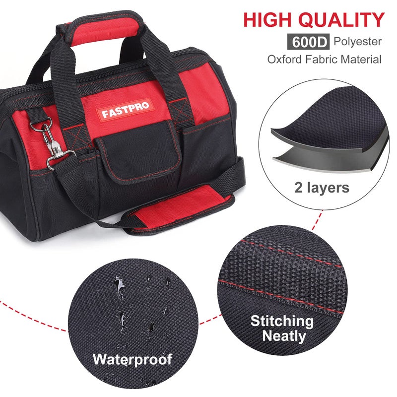 FASTPRO 14-Inch Zip-top Wide Mouth Open Storage Tool Bag, Classic Black&Red Design, Fashionable Design, 600D Polyester Fabric Material for Quality Endurance, With Adjustable Shoulder Strap - Image 2