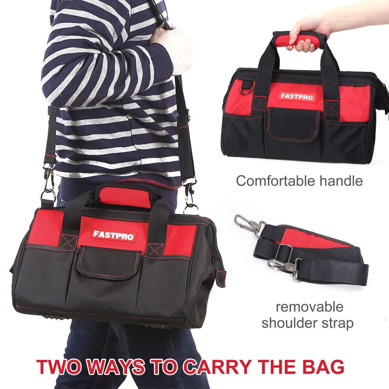 FASTPRO 14-Inch Zip-top Wide Mouth Open Storage Tool Bag, Classic Black&Red Design, Fashionable Design, 600D Polyester Fabric Material for Quality Endurance, With Adjustable Shoulder Strap - Image 5