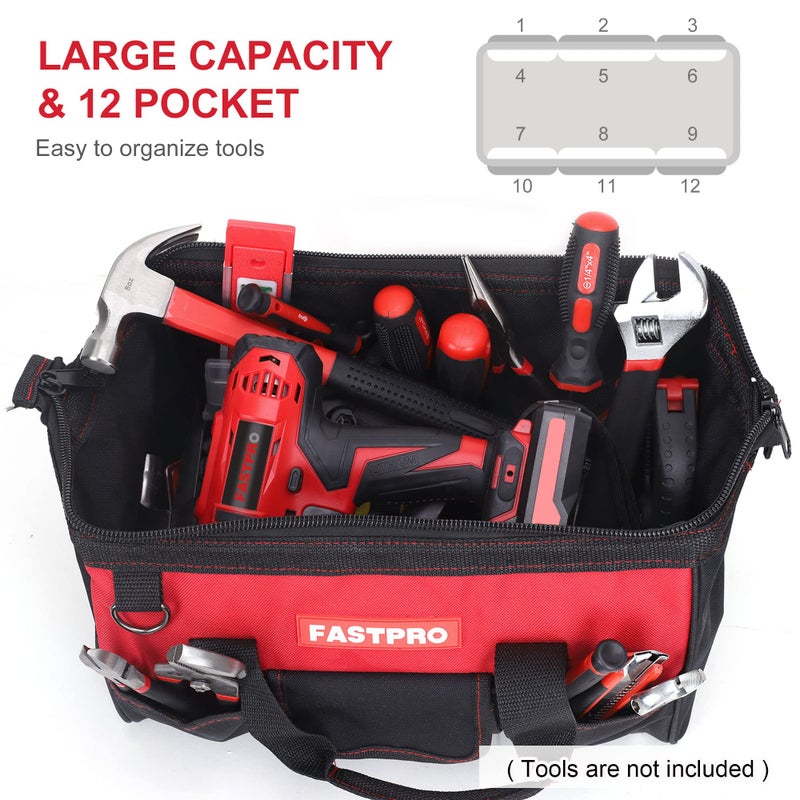 FASTPRO 14-Inch Zip-top Wide Mouth Open Storage Tool Bag, Classic Black&Red Design, Fashionable Design, 600D Polyester Fabric Material for Quality Endurance, With Adjustable Shoulder Strap - Image 4