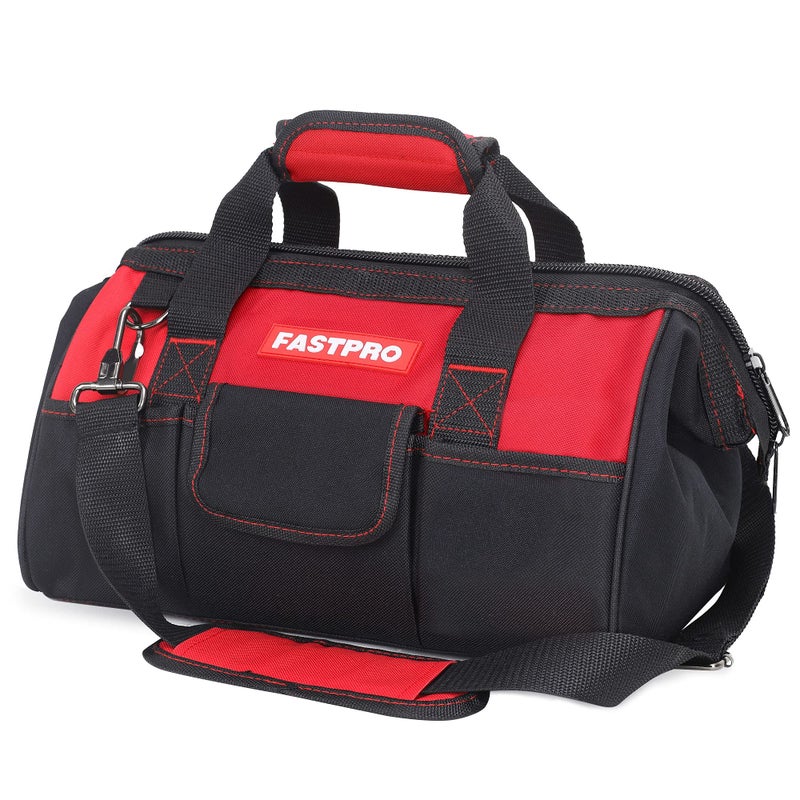 FASTPRO 14-Inch Zip-top Wide Mouth Open Storage Tool Bag, Classic Black&Red Design, Fashionable Design, 600D Polyester Fabric Material for Quality Endurance, With Adjustable Shoulder Strap - Image 1