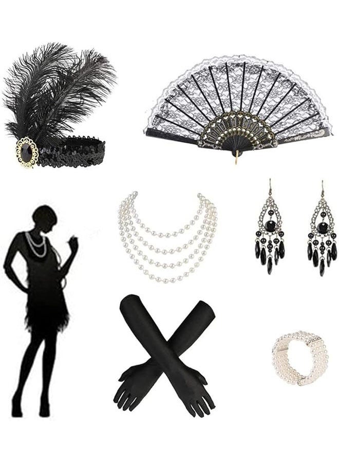 الضفدع الحقيقي 1920S Flapper Great Accessories Set Vintage Theme Set with Headband Headpiece Gloves Earrings Necklace Bracelet 9 Pieces - Image 1