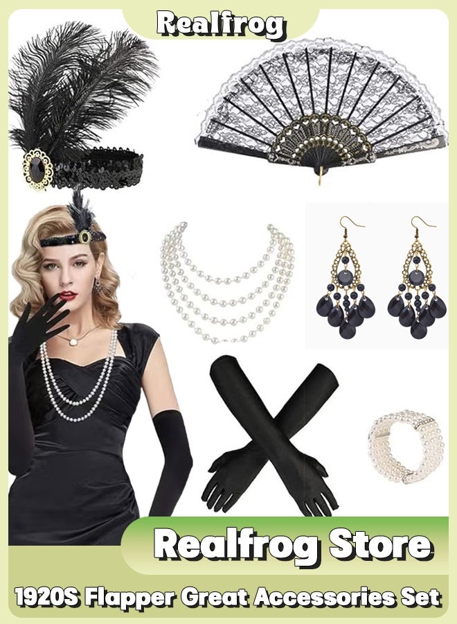 الضفدع الحقيقي 1920S Flapper Great Accessories Set Vintage Theme Set with Headband Headpiece Gloves Earrings Necklace Bracelet 9 Pieces - Image 2