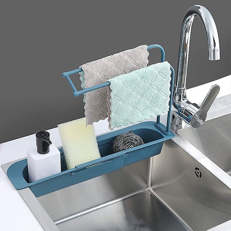 KIDINGTON KIDINGTON Telescopic Sink Sponge Holder Sink Storage Rack Caddy Shelf Organizer Scrubber Tray Drain Basket Plastic Dispenser Expandable Adjustable 2in1 Hanger with Towel Bar for Home Multi - Image 1