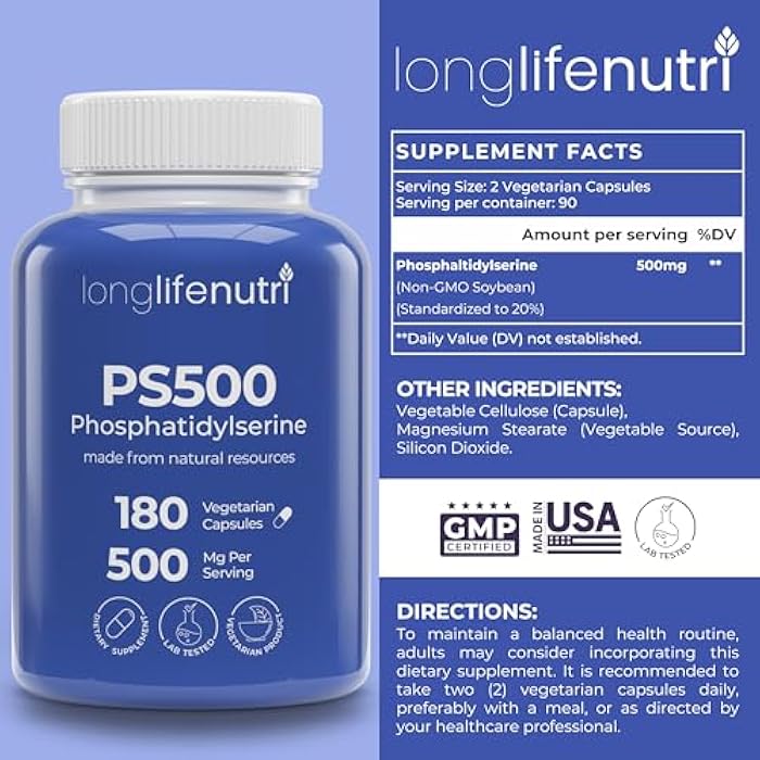 LongLifeNutri Phosphatidylserine Pure 500mg – 180 Vegetarian Pills, 3-Month Supply, Supplement for Strengthening Memory, Focus & Cognitive Function, Made in USA, Lab Tested, Non GMO - Image 2