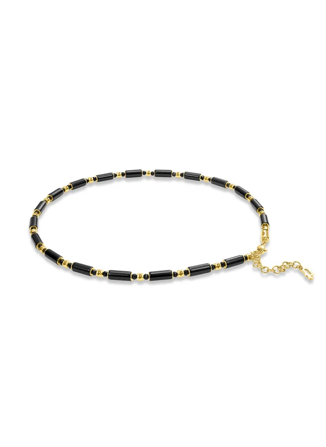بوليس SILO Necklace  Black Circular and Cylindrical Beads on IP Gold Stainless Steel Chain for Bold Contrast
