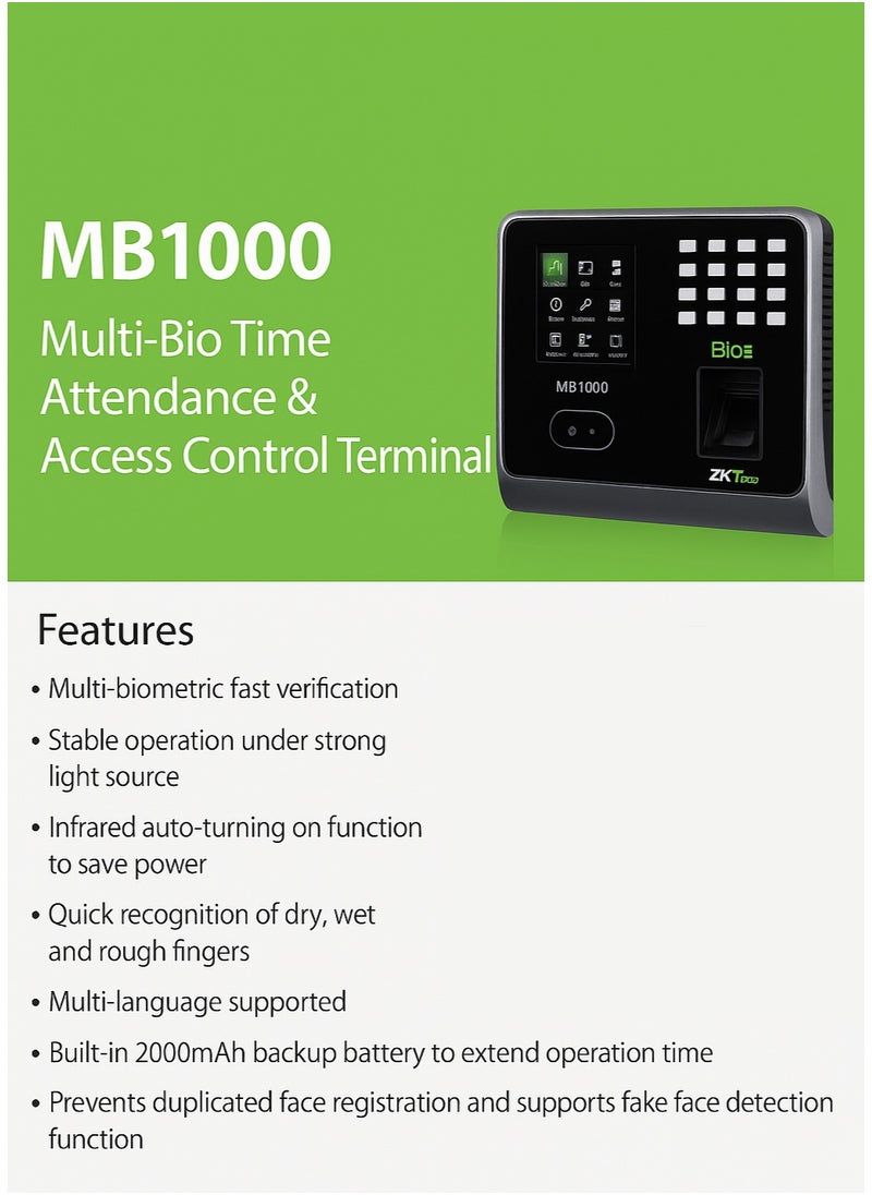ZKTeco MB1000 Fingerprint & Face Recognition Time Attendance Device  - Image 2
