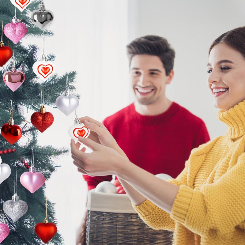 Melisheer 48Pcs Heart Shaped Ornaments  Valentine Tree Decorations In 7 Kinds  4 Colors Glitter Valentine Tree Ornaments  Heart Shaped Decorations For Valentines Wedding Party Hanging Decor - Image 5
