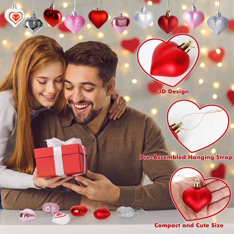 Melisheer 48Pcs Heart Shaped Ornaments  Valentine Tree Decorations In 7 Kinds  4 Colors Glitter Valentine Tree Ornaments  Heart Shaped Decorations For Valentines Wedding Party Hanging Decor - Image 3