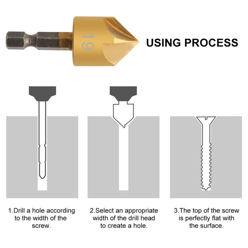 COMOWARE Countersink Drill Bit Set- 7 Pcs Counter Sinker Drill Bits for Wood, Quick Change, 1/4'' Hex Shank, High Speed Steel, 5 Flute 90 Degree Center Punch Tool, 1/4''-3/4'' - Image 5