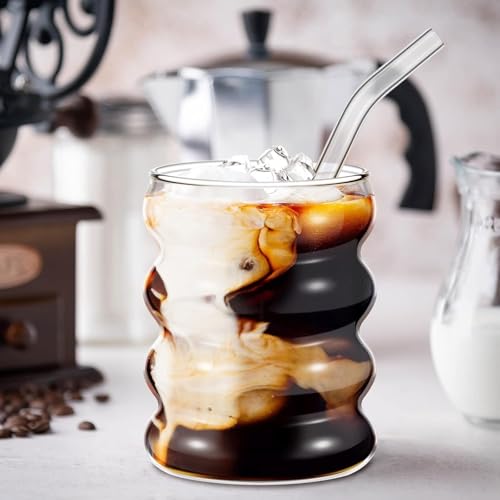 FINSTER Premium Glass Beverage Sipper with Wooden Lid and Straw, 530ml - Pack of 1 Round Wave Pattern Design Cola Mug Can Coffee Sipper Milk Cup -Juice Green Tea Tumbler with Straw - Image 1