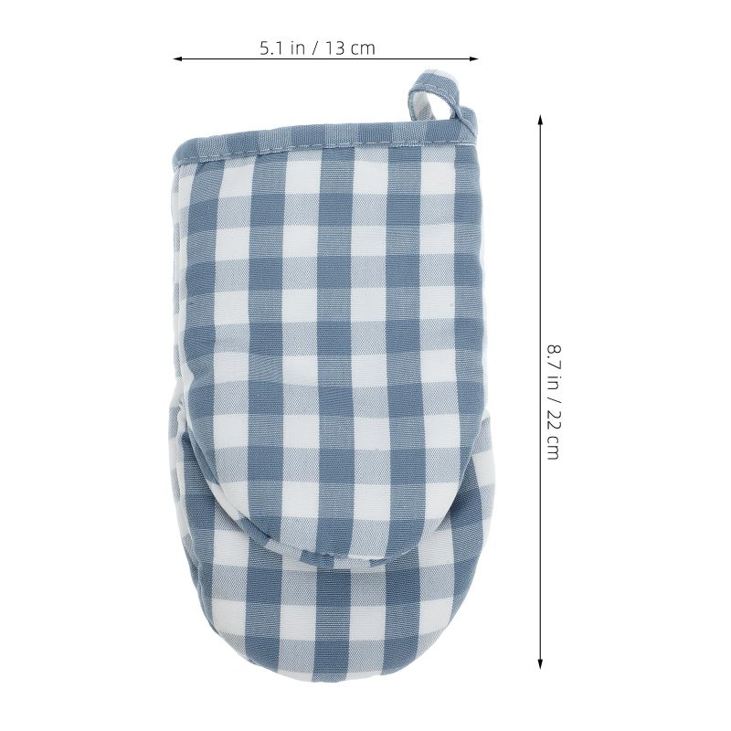 Heat Resistant Quilted Oven Mitts Blue Checkered Cotton Microwave Baking Cooking Gloves - Image 3