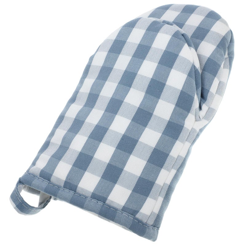 Heat Resistant Quilted Oven Mitts Blue Checkered Cotton Microwave Baking Cooking Gloves - Image 2