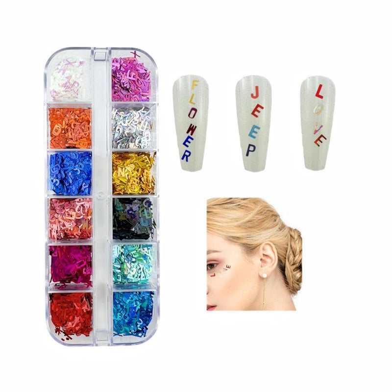 Maigitur 12 Colors Letter Nail Glitter Sequins 3D Holographic Alphabet Nail Flakes Designs, Letters Nail Art Sequins Supplies for Women Girls Acrylic Nails Manicure Charms Decorations DIY Shiny Letter Resinâ€¦ - Image 4
