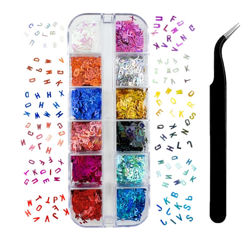 Maigitur 12 Colors Letter Nail Glitter Sequins 3D Holographic Alphabet Nail Flakes Designs, Letters Nail Art Sequins Supplies for Women Girls Acrylic Nails Manicure Charms Decorations DIY Shiny Letter Resinâ€¦ - Image 1
