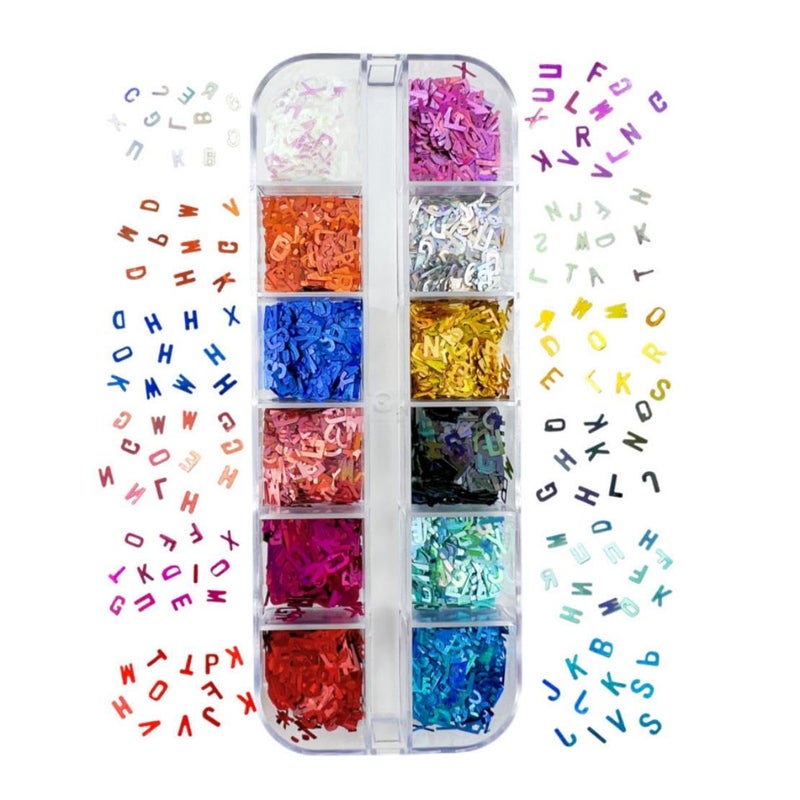Maigitur 12 Colors Letter Nail Glitter Sequins 3D Holographic Alphabet Nail Flakes Designs, Letters Nail Art Sequins Supplies for Women Girls Acrylic Nails Manicure Charms Decorations DIY Shiny Letter Resinâ€¦ - Image 2