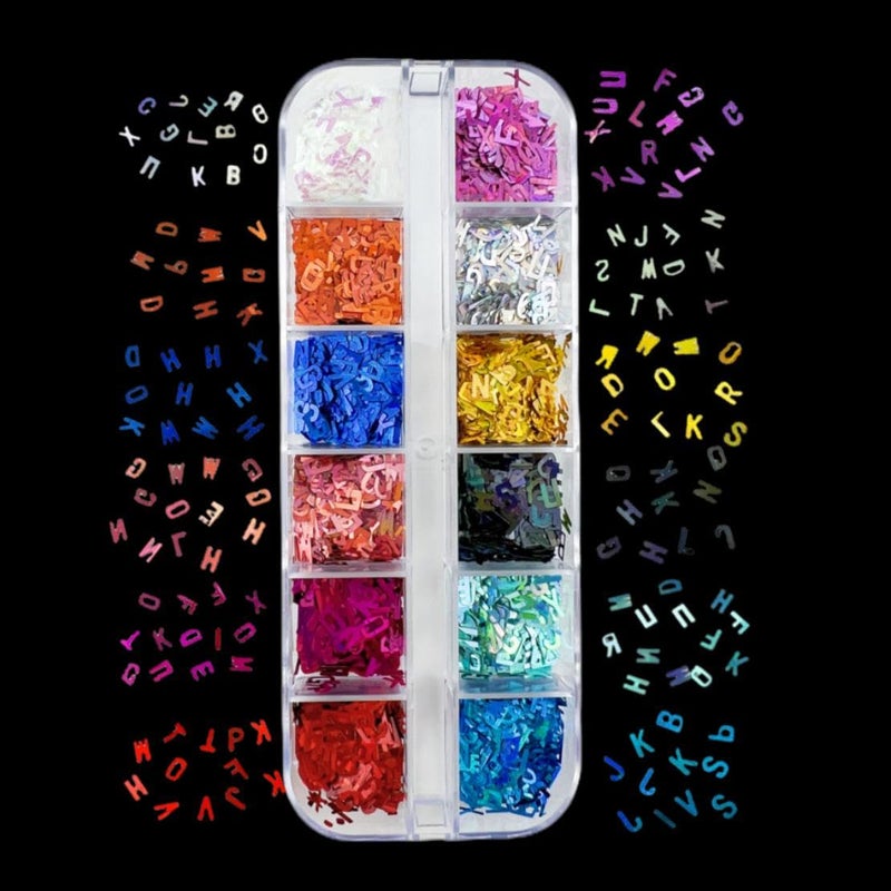 Maigitur 12 Colors Letter Nail Glitter Sequins 3D Holographic Alphabet Nail Flakes Designs, Letters Nail Art Sequins Supplies for Women Girls Acrylic Nails Manicure Charms Decorations DIY Shiny Letter Resinâ€¦ - Image 3