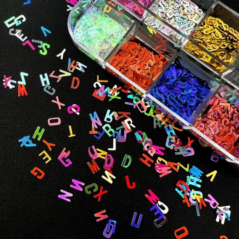 Maigitur 12 Colors Letter Nail Glitter Sequins 3D Holographic Alphabet Nail Flakes Designs, Letters Nail Art Sequins Supplies for Women Girls Acrylic Nails Manicure Charms Decorations DIY Shiny Letter Resinâ€¦ - Image 5
