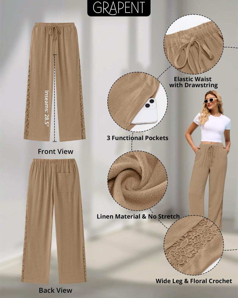 GRAPENT Woman Pants Women Casual Pants Linen Pant Linen Trousers for Women Pantalones para Mujer Almond Large US Size 12-14 - Image 4