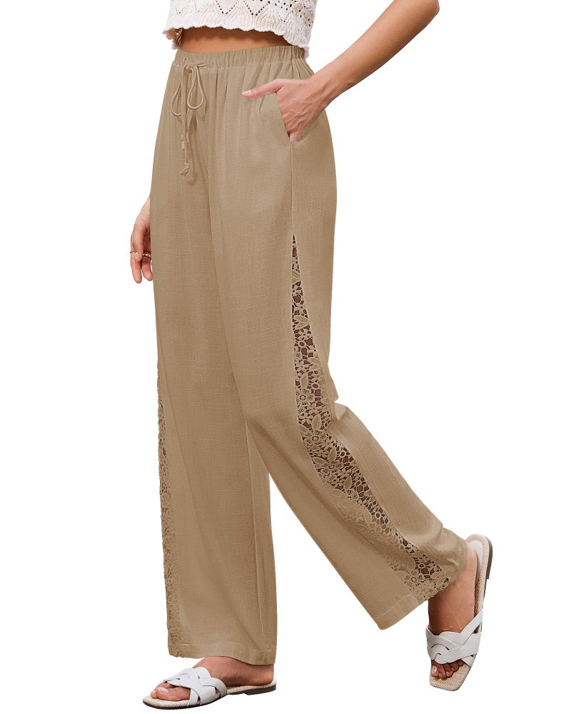 GRAPENT Woman Pants Women Casual Pants Linen Pant Linen Trousers for Women Pantalones para Mujer Almond Large US Size 12-14 - Image 1