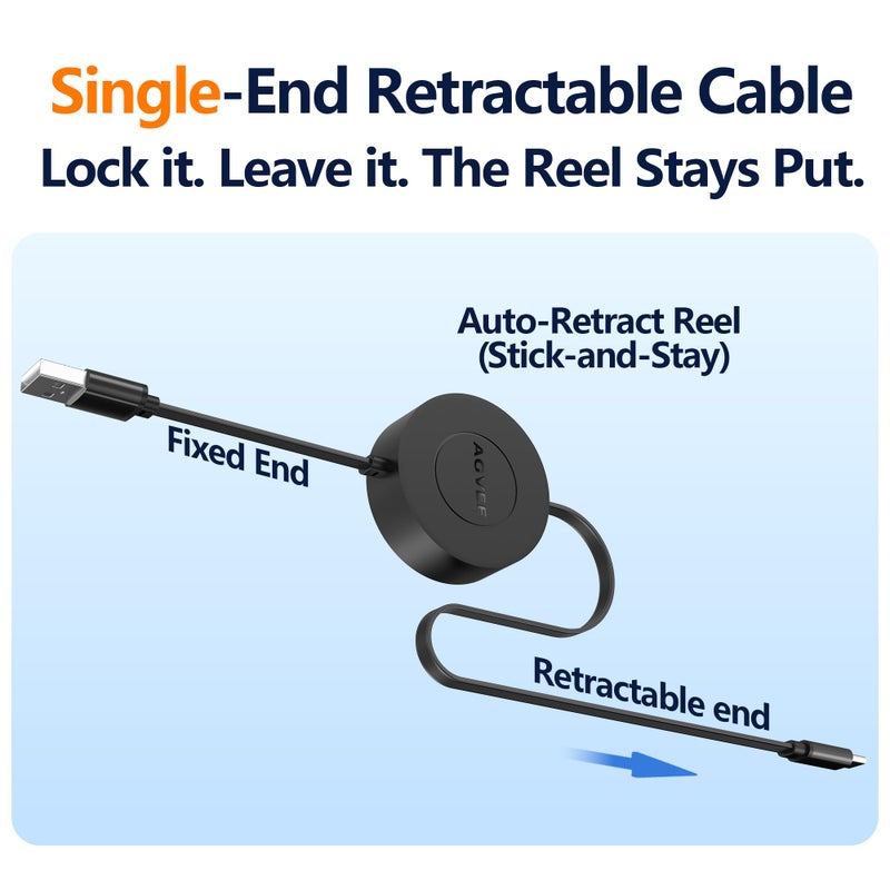 AGVEE 3ft Fixed / 2.3ft Extend USB-A to C Charger Cable Mountable One Way Retractable 2.4A Fast Charging Cord, Pocket-Sized for iPhone 16 15, Samsung, Android, Desk Organizer, Black - Image 2