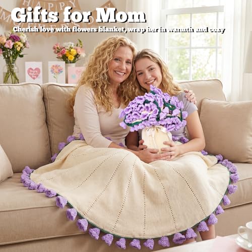 LOKOZ Crochet Flowers Bouquet Blanket Birthday Gifts for Women Mom Sister Wife Purple Flower Blanket Bouquet Romantic for Birthday Wedding Home Decor 31 Inches - Image 3