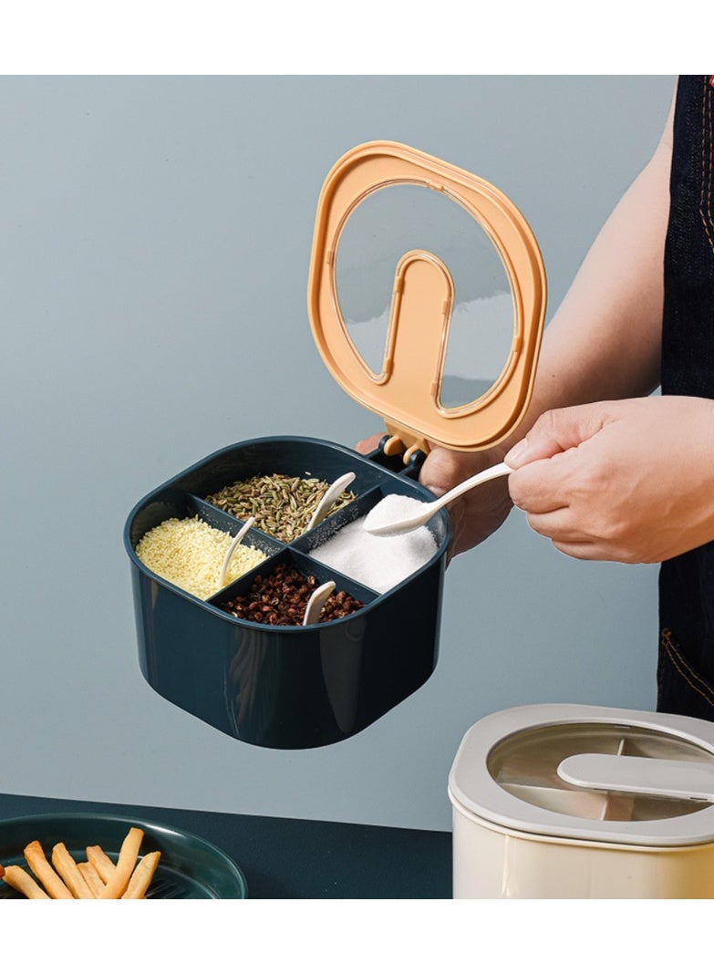 منظّم التوابل المكون من 4 مقصورة مع صندوق تخزين للمطبخ ذو أغطية، مجموعة حاويات شفافة مضادة للرطوبة، منظّم مخزن متعدد الأغراض غير انزلاقي