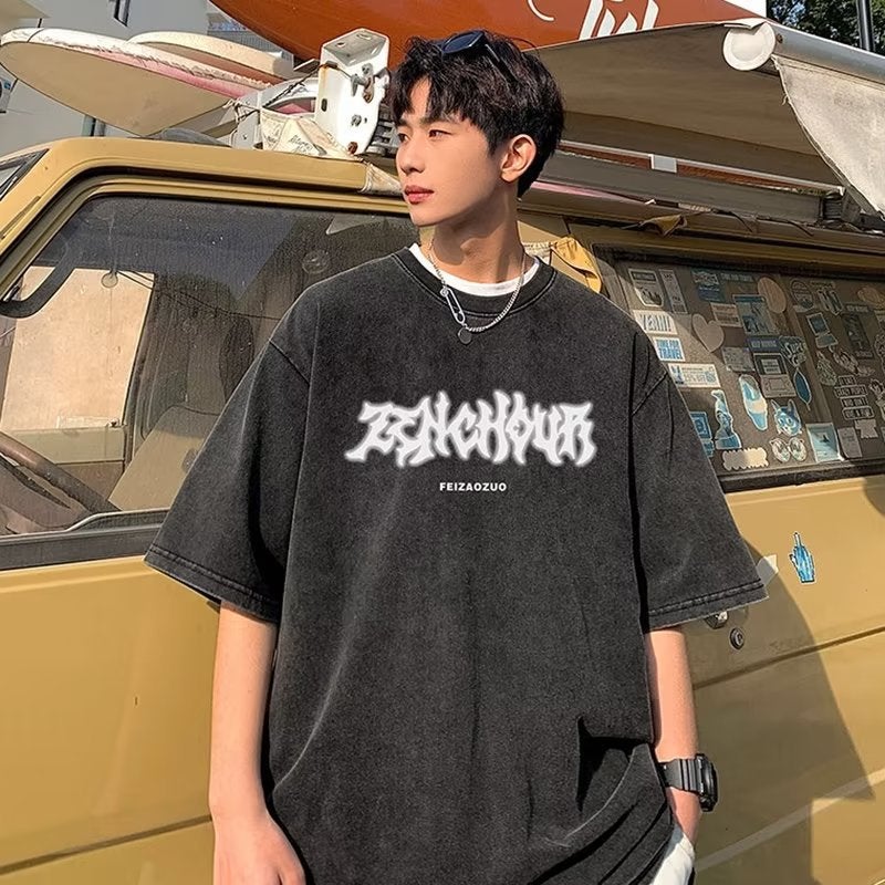 Vintage Washed Old Heavy Short-Sleeved T-Shirt Men'S Summer American Style High Street Trendy Top Design Sense Niche T-Shirt - Image 1